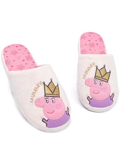 Image of Peppa Pig Slippers For Women | Ladies Queen Mummy House Shoes Gift For Her | White Pink Gold Glitter Foam Slip On 3-4 UK
