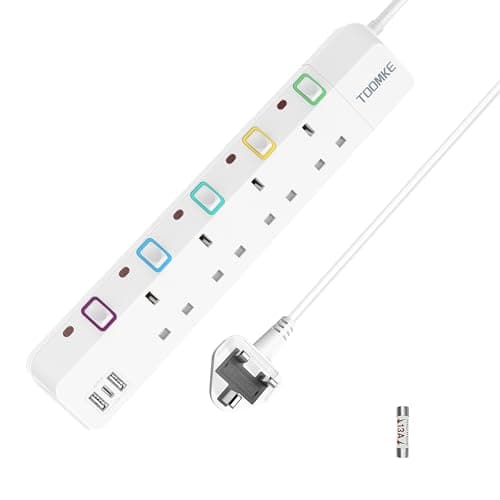 Image of Extension Lead with USB Slots, Toomke 4 Way Plug Extension Socket with 2 USB-A and 1 USB-C, Mountable Power Strip with Individual Switches, UK Plug Socket 1.5m Extension Cord 13A 3250W