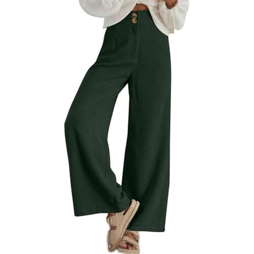 Image of Women's Corduroy Trousers Double Buttoned High Waisted Wide Leg Stretch Corduroy Pants Business Casual Loose Cord Work Pants Autumn Winter Vintage Palazzo Pants with Pockets (Green,S)
