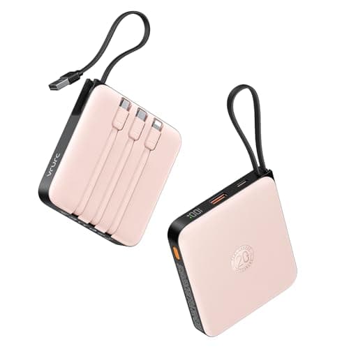 Image of VRURC External Battery 20000 mAh with 4 Integrated Cables Mini Power Bank USB C 22.5 W Quick Charge Portable Battery with LED Display for iPhone Samsung Huawei Xiaomi (Pink)
