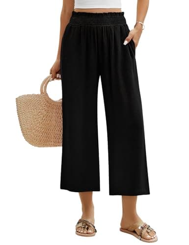 Image of PASUDA Womens Linen Trousers Summer Wide Leg Pants with Elastic Waist Pockets Loose Cotton Solid Color Casual Flowy Lounge Pants for Ladies Lightweight Cropped Trousers (Black, M)