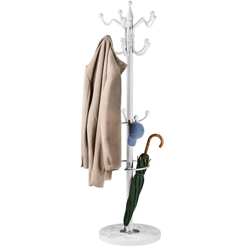 Image of CASARIA® Elegant Curved Coat Rack Hat Stand with Marble Base Coat Stand and 14x Rotatable Coat Hangers | Sturdy & Stylish Clothes Rack for Hallways & Offices Furniture | White | 175cm Tall