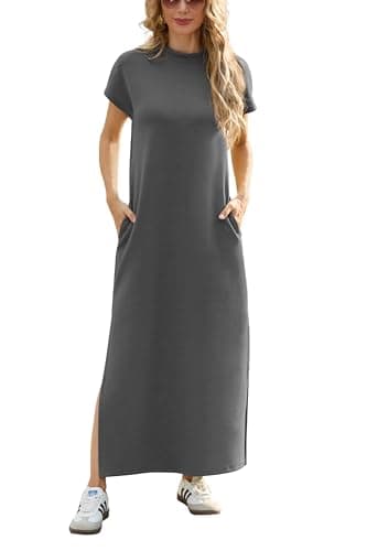 Image of GRECERELLE Womens Maxi Dress Wrinkle Free Summer Mock Neck Short Sleeve 2025 Casual Elegant Loose Split Long Dresses with Pockets (Dark Grey, XL)