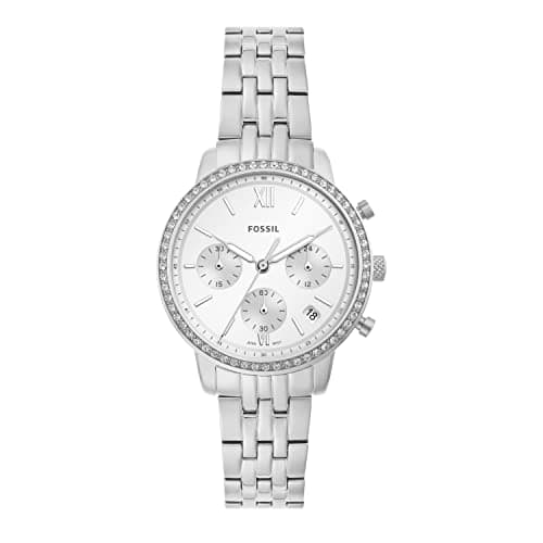 Image of Fossil Neutra Watch for Women, Chronograph movement with Stainless steel or Leather Strap, Silver tone and white