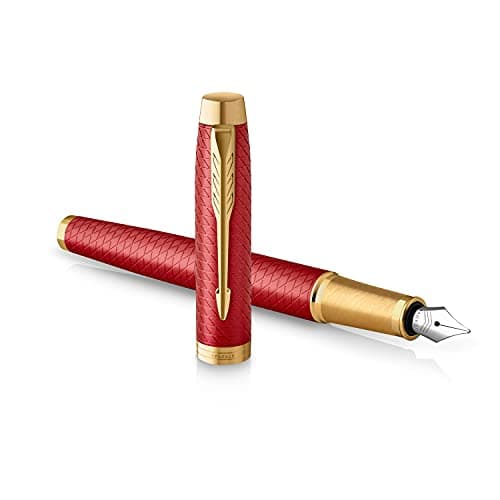 Image of Parker IM Fountain Pen | Premium Red Lacquer with Gold Trim | Fine Point with Blue Ink Cartridge | Gift Box