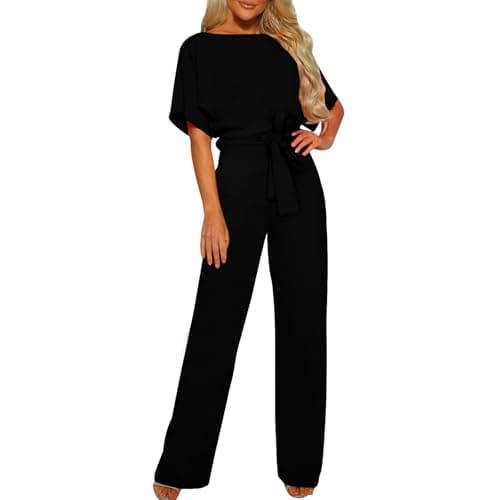 Image of Jumpsuits for Women UK Elegant Party Business Casual Romper Dressy Outfits Short Sleeve Belted Wide Leg Pants Formal Overalls, M