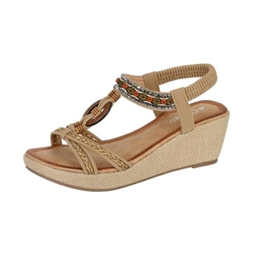 Image of Cipriata L826 Ladies Womens Jewelled Elasticated Sling Back Platform Sandal (Beige PU, UK Footwear Size System, Adult, Women, Numeric, Medium, 6)