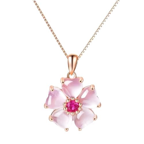 Image of IMINI Delicate Cherry Blossom Rose Quartz & Crystal Choker Necklace for Women - Adjustable Rose Gold Plated Pink Love Heart Flower Pendant, Hypoallergenic Lightweight Floral Jewellery Gift