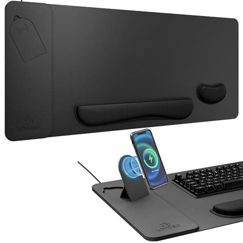 Image of XXL Gaming Mouse Pad with 15W Fast Wireless Charging,View Angle Ergonomic Design Foldable Magnetic Phone Charger,90*40CM PU Leather Charging Desk Mat with Keyboard & Mouse Wrist Rest for Office Mac