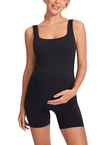 Image of MOMANDA Women' s Maternity Bodysuit Sleeveless Shorts Jumpsuit Square Neck Tank Top for Pregnancy Black 14