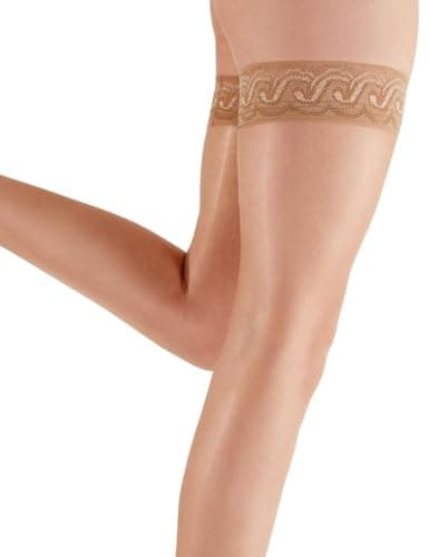 Image of Pretty Polly Women's Nylons - 10d Gloss Lace Top Hold Ups Tights, Beige (Sherry), M-L UK