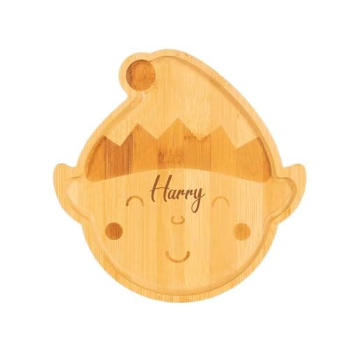 Image of Personalised Engraved Kids Wooden Elf Plate, Bamboo, Childrens First Christmas Gift, Stocking Filler, Eve Box, Santa Board Tray, Dinner 1st Christmas