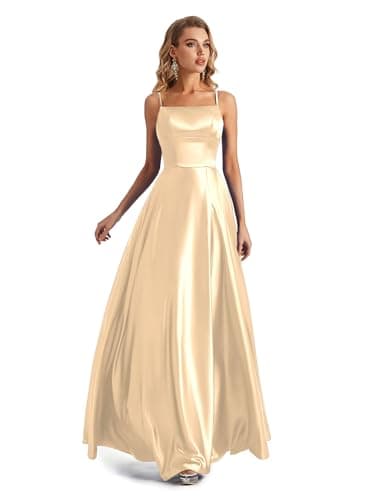 Image of Lecureler Satin Spaghetti Strap Prom Dress Champagne Mist Size 12