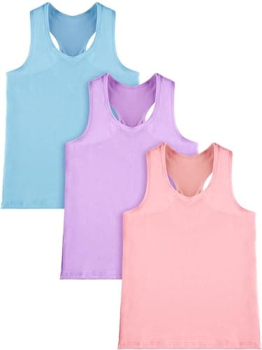Image of BOAO 3 Pieces Girls Dance Tank Top Racerback Crop Tank Top Sleeveless Dance Outfit for Ballet Gymnastics Wear, Blue, Purple, Pink, 7-8 Years