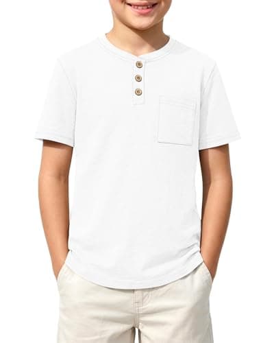 Image of Kids Value Weight Cotton Summer T-Shirt Crew Neck Solid Button Down Short Sleeve Pocket Casual Tees for Boys Tops for Daily 13-14 Year White
