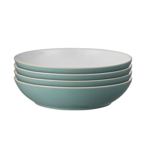 Image of Denby - Elements Fern Green Pasta Bowls Set of 4 - Dishwasher Microwave Safe Crockery 1050ml 22cm - Green, White Ceramic Stoneware Tableware - Chip & Crack Resistant