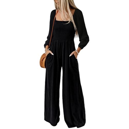 Image of Momuk Casual Jumpsuits for Women Loose Overalls One Piece Long Sleeve Wide Leg Pant Rompers With Pockets (Black XXL)