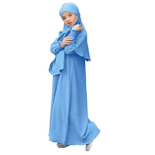 Image of Muslim Dress for Girls Islamic Prayer Abaya Long Sleeve Cardigan Kaftan Robe Maxi Dresses with Hijab Ramadan Kids Outfits Dubai Kaftan Dresses for Toddler Girls (Light Blue, 9-10 Years)