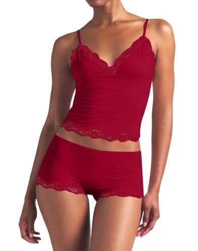 Image of LACOZY Ribbed Cami Pajamas Set 2 Piece Rib Knit Camisoles Pjs Racerback Tank Top with Shorts Lounge Sets for Women Red M