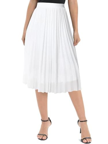 Image of Genfien Women's Skirts Elegant Chiffon Elastic Waist A-Line Pleated Knee-Length Midi Skirt with Lining Summer Basic White