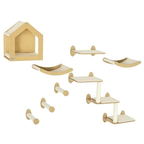 Image of PawHut 8 Piece Cat Shelves Set, Cat Wall Furniture with Condo, 3 Perches, 3 Scratching Posts, Steps, Wall Mounted Kitty Tree for Indoor Kittens, Beige
