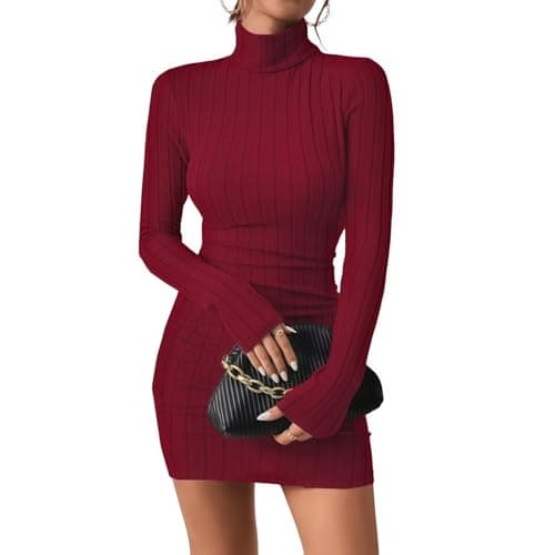 Image of Women's Jumper Dress, Turtle Neck Long Sleeve Knit Sweater Bodycon Midi Dress, Solid Ribbed Ruched Casual Pullover Knitwear for Autumn Winter, Knee-Length Slimming Dresses for Party Club Leisure Red