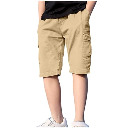 Image of duxyoz Boys Cargo Bermuda Shorts School Uniform Chino Shorts Kids Summer Pull On Elasticated Waist Pants Lightweight Breathable Comfy Sports Trousers Casual Sweat Short with Multi-Pockets 12-13 Years