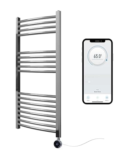 Image of Greened House Chrome Electric Smart WiFi Controlled Heated Towel Rail Curved 500mm W x 1000mm H 7 Day Programmable Timer App Compatibility