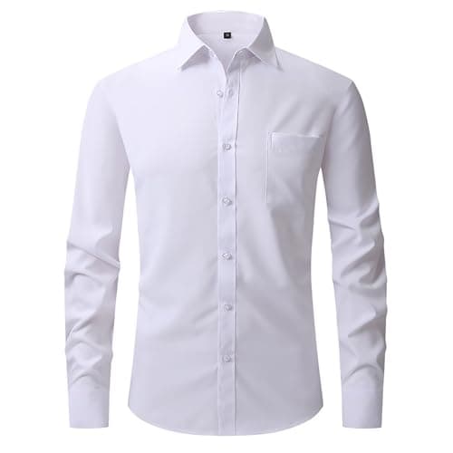 Image of Youkly Mens Shirts Long Sleeve Stretch Dress Shirt Casual Business Formal Wedding Work Shirts Men Button Down White Black Shirts (UK, Alpha, L, Regular, Regular, White)