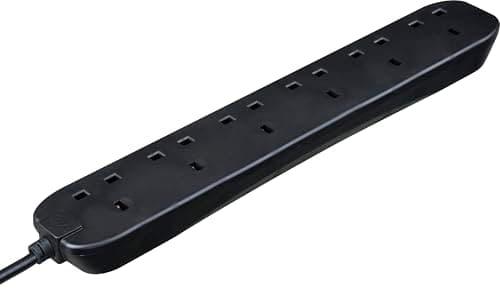 Image of Masterplug Six Socket Extension Lead, 2 Metre Cable, Unswitched, 6-Way Plug Extension Cable, Power Strip, Basic Power, Black, 13A, 6G, 2m, BSG210NB