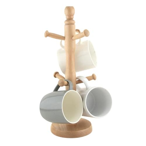 Image of Wooden Mug Holder Tree for Kitchen | Mug Tree for Coffee & Tea Cups | Mug Stand Rack with 6 Hooks | Wooden Mug Organiser with Stable Base