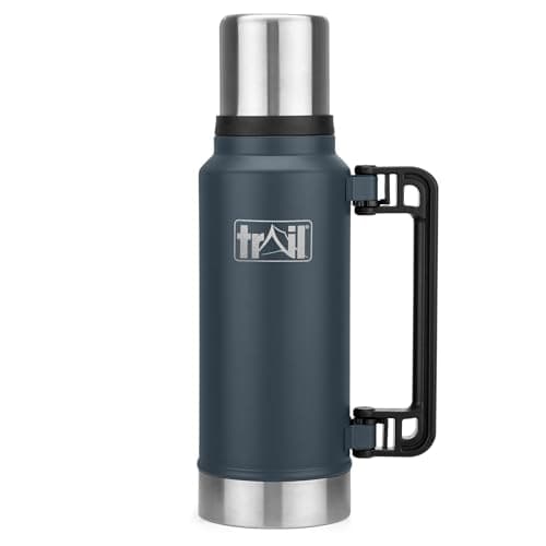 Image of Trail Vacuum Flask with Handle 1000ml, Stainless Steel Thermal Flask for Camping, Hiking & Travel, Keeps Drinks Hot 12hrs / Cold 24hrs, Double Walled, Leak-Proof, Twist-&-Pour Stopper, Lid Cup (Grey)