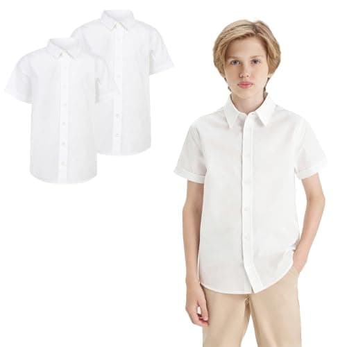 Image of LXEASYGO 2 Pack Boys Casual Short Sleeve School Shirts Button Down Dress Shirts for Boys Teenagers Age 5-16 (UK, Age, 15 Years, 16 Years, Regular, White+White 1)