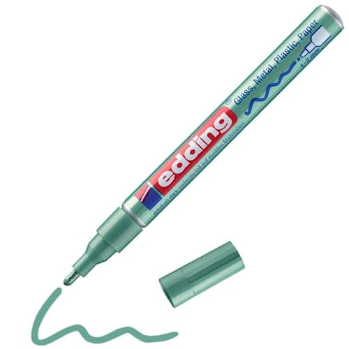 Image of edding 751 gloss paint marker - green metallic - 1 paint marker - round tip 1-2 mm - paint pen for glass, pebbles, wood, plastic, paper - waterproof, high coverage