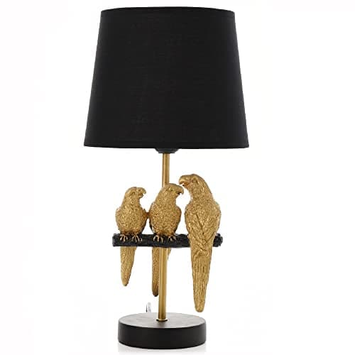 Image of Britalia Gold Perching Parrots Sculpture Vintage Table Desk Lamp with Black Lampshade | 40cm Height | ES E27 Lamp Bulb Required | UK Approved