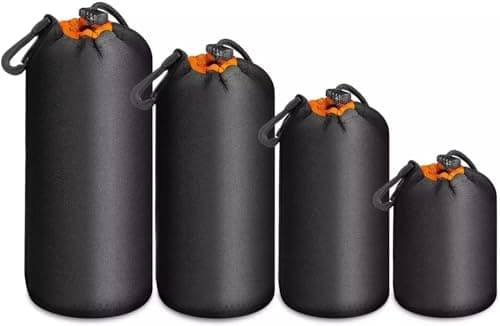 Image of Yangers 4-Pack Camera Lens Pouch Set Case– Thick 4mm Neoprene with Soft Velvet Lining – Water-Resistant Drawstring Bags with Carabiner & Belt Loop – S/M/L/XL for DSLR & Mirrorless Lenses