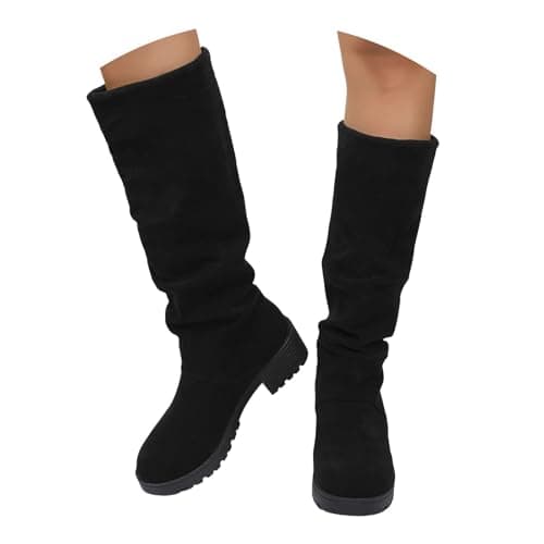 Image of Women Suede Knee High Boots 2025 Winter Fashion Solid Color Slouch Ruched Wide Calf Round Toe Comfort Non Slip Long Booties Casual Comfortable Chunky Block Heels Booties