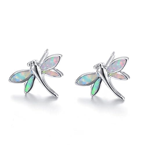 Image of Tiny Dragonfly Stud Earrings 925 Sterling Silver Post Pin Created Opal Small Cartilage Earring Statement Studs Fashion Jewelry Gift for Women Teen Girls Sensitive Ears (White Opal)