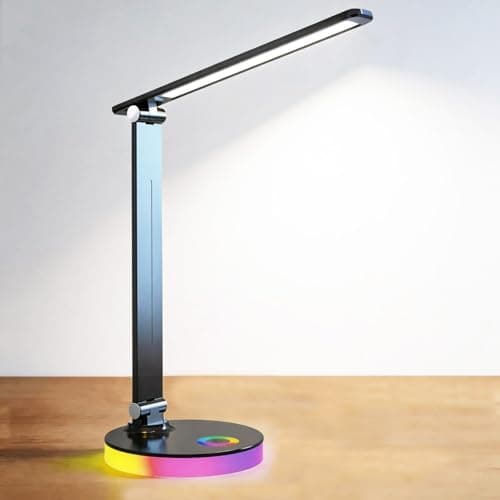 Image of sakruda LED Desk Lamp,Eye-Caring Touch Control Table Lamp W/USB Charging Port,Stepless Dimmable Beside Reading Light,Foldable Desk Lamp W/Colored Night Light for Work,Kids Study,Home,Bedroom,Black