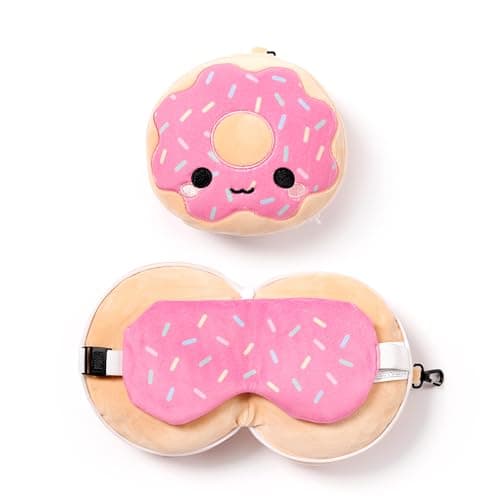 Image of Relaxeazzz Adorasnacks Donut Round Plush Travel Pillow & Eye Mask - Sleep Eye Mask Masks - Kids Travel Accessories For Sleeping Airplane - Flight Plane Neck Pillow Pillows