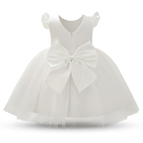 Image of NNJXD Baby Girl Birthday Party Tutu Gown Bowknot Toddler Girls Pageant Princess Tulle Wedding Gown 2077 White 9-12 Months