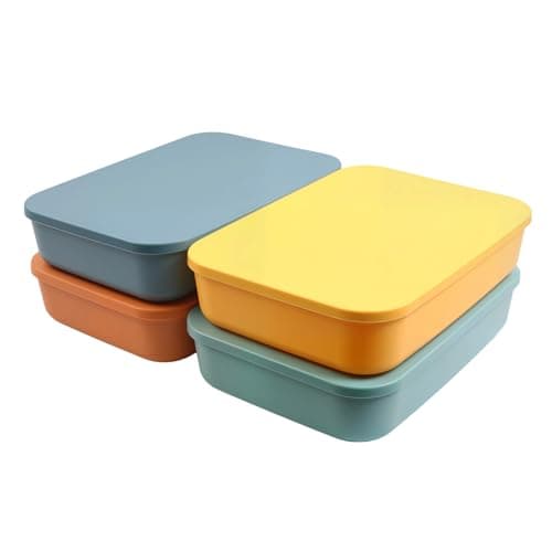 Image of MaxEarn 4 Pack Colorful Plastic Storage Boxes with Lids, 7L Stackable Storage Boxes with Handle, 36.5x26x7.5cm Storage Baskets Bin Organizer for Shelves, Cupboard, Kitchen, Bathroom, Office