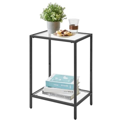 Image of YMYNY Side Table, 2 Tier Sofa End Table, Bedside Tables with Tempered Glass, Coffee Table, Laptop Table for Living Room, Bedroom, Home Office, Industrial Style 38×28×56CM Black HGD002B
