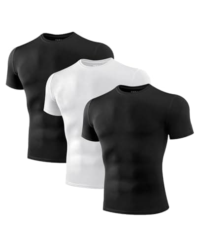 Image of Niksa Compression Shirt Men, 3 Packs Short Sleeve Gym T Shirts Men's Muscle Fit T-Shirt Breathable Active Wear T Shirt Base Layers Quick Dry Tops for Running Cycling Sports, Black and White, S