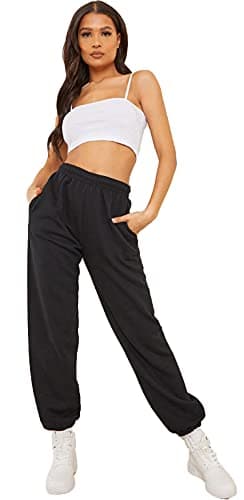 Image of Crazy Girls Womens Fleece Casual Oversized Jogging Joggers Tracksuit Bottoms Ladies Jog Pants Size XS S/M M/L (16/18, Black)