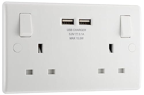 Image of BG Electrical Double Switched Power Wall Plug Socket with Two USB Charging Ports, Round Edge, White Moulded, 13A, 15W, 822U3