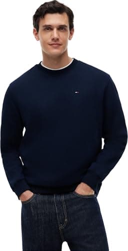 Image of Tommy Jeans Men's Tjm Reg S Flag Fleece Crew Dm0dm20741c1g003 Pullover Sweatshirt, Blue (Dark Night Navy), M