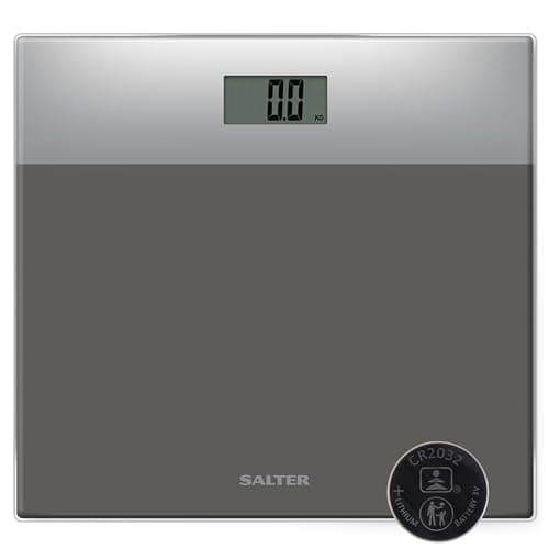Image of Salter Digital Bathroom Scale – Easy Read LCD Display, 180 kg/ 28 st Capacity, Instant Read Step On Activation, Battery Included, Neat Storage, 15 Year Guarantee, Two Tone Design, Silver/Grey