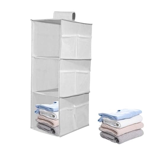 Image of Hanging Wardrobe Storage Organiser, 3 Shelves Hanging Storage Foldable Wardrobe Closet Organiser with 9 Side Pockets, Washable hanging Closet storage Shelves for Clothes Bag Shoes, Grey(60x30x22cm)