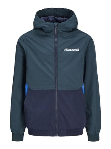 Image of JACK&JONES JUNIOR Boy's JJERUSH Hood Bomber NOOS JNR Jacket, Magical Forest/Detail:Navy Blazer/Nautical Blue Blocking, 164